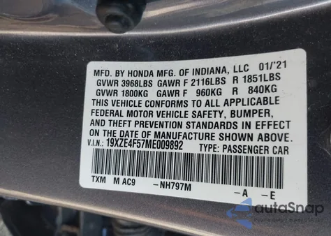2021 Honda Insight Ex z USA, uszkodzony, nr VIN 19XZE4F57ME009892